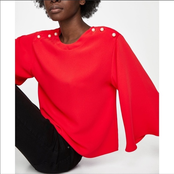 Zara Red Flutter Sleeve Pearl Shoulder Blouse XS - Picture 1 of 8